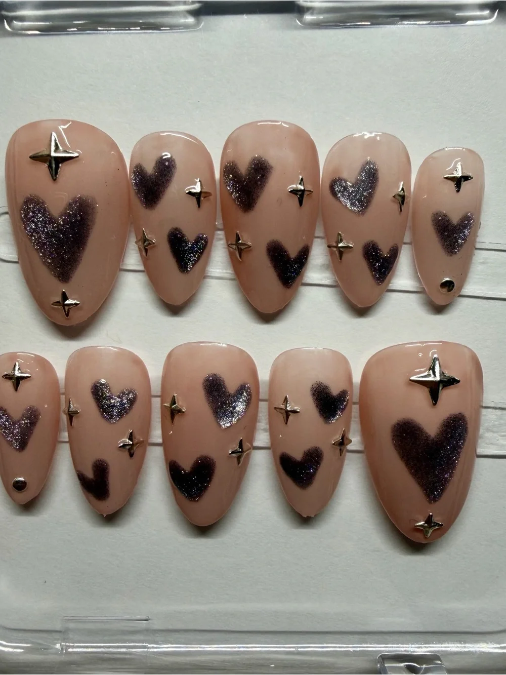 Handmade Heart Design + Stars Press-on Nails